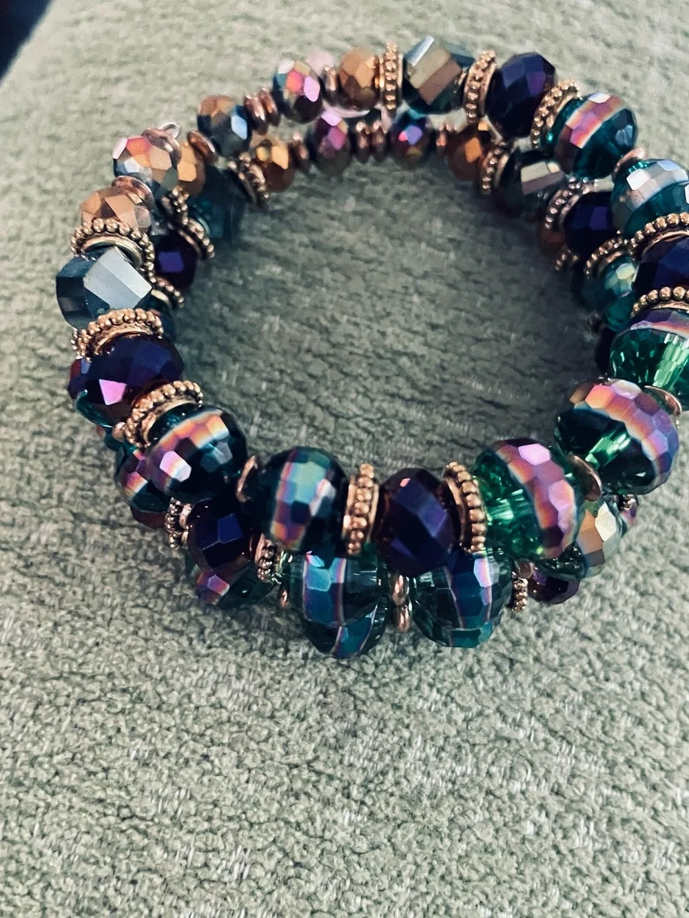 Iridized Green and Purple Beaded Bracelet with Treble Clef Charm Handcrafted